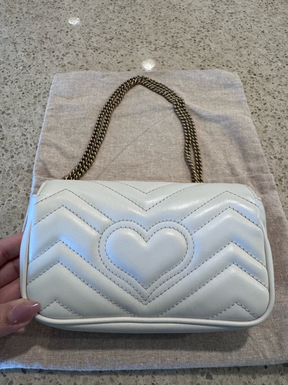 Gucci Cream GG Marmont Chevron super Mini Shoulder Bag with Gold Hardware - Picture 12 of 12
